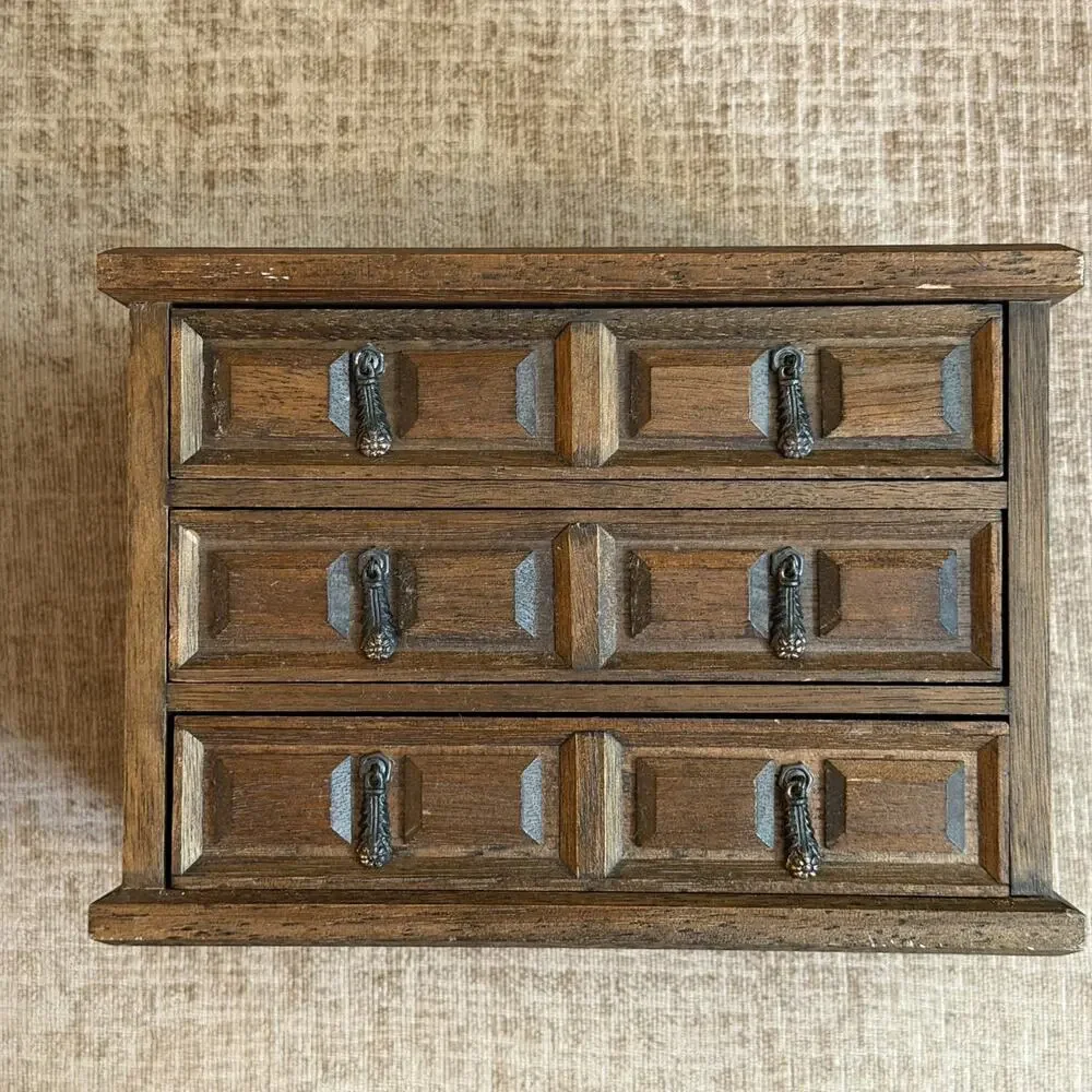 Wooden MUSICAL Jewelry Box MELE Japan Jewel Case 3 Velvet Lined Drawers Vintage